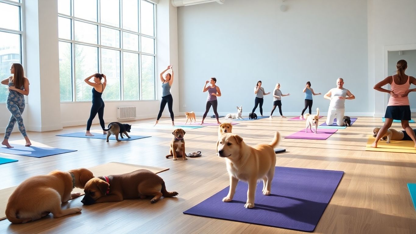 People doing yoga with playful puppies on colorful mats.